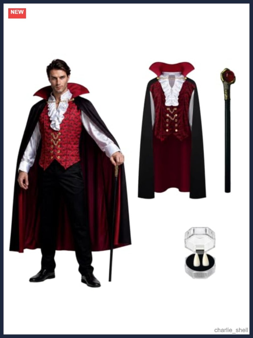 Vampire Costume Set Long Cape Stand Collar Cane Fangs Gothic Halloween Cosplay